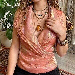 Oblique Iridescent Mermaid Peach Coral Shimmer Wrap Top Dramatic Tiered Collar